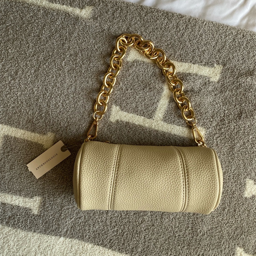 Anthropologie Cream Barrel Shoulder Bag with Gold Chain